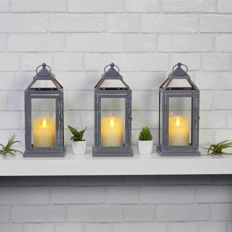 Elements Metal Lanterns with LED Candles, Set of 3, 5.2x5.2x12
