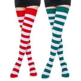 Kayhoma Extra Long Cotton Stripe Thigh High Socks Christmas Sytle Over the Knee High Socks, 2 Pairs…