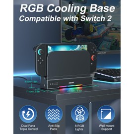Cooling Fan Dock for Switch 2 Console, Dual-Fan Cooling Base Compatible with Switch 2, 3 Adjustable Speeds, 8 RGB Lighting Modes, Open Airflow Design, Wall Mountable, Includes Type-C Cable