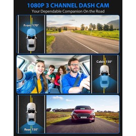 Dash Cam Front and Rear, 1080P Dash Camera for Cars, 3 Channel Car Camera Front Rear and Inside with 32GB Card, Loop Recording, Night Vision, HDR, G-Sensor, 24Hr Parking