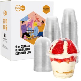 Turbo Bee 200 Pack 9 OZ Clear Plastic Cups with Dome Lids, Disposable Dessert Cups with Lids for Fruit, Snack Smoothie, Pudding and Ice Cream (No Hole)