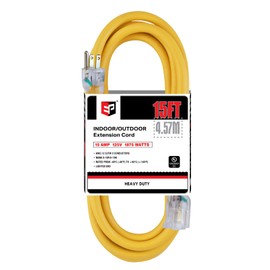 EP 15 ft Lighted Outdoor Extension Cord - 12/3 SJTW Heavy Duty Yellow Extension Cable with 3 Prong Grounded Plug - 15AMP Power Cord for Lawn, Garden, Appliances