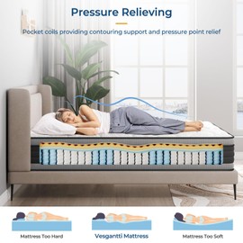 Vesgantti Queen Mattress, 10 Inch Hybrid Queen Size Mattress with Memory Foam and Individually Pocket Spring, Pressure Relief and Supportive, Medium Firm Feel, Mattress in a Box