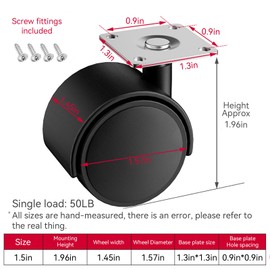 1.5-inch Furniture casters Set of 5，Replacement cart Plastic casters, Black Nylon Plastic Small Swivel casters with Screws, Used for workbenches and Moving Drawer Cabinet Table