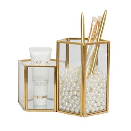 SLHEQING Makeup Brush Holder Gold Cosmetic Organiser 2 Compartments Glass Jewellery Brush Holder for Brush, Eyeliner, Pen, Lipstick and More