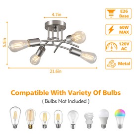 Eidonta Industrial 4-Light Semi Flush Mount Ceiling Light Fixture, Modern Brushed Nickel Close to Ceiling Light, E26 Base Chandelier Lighting, Farmhouse Pendant Lamp for Hallway Kitchen