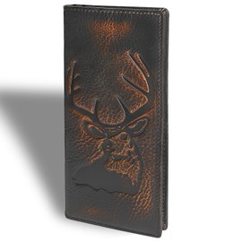 DK86 DK86 Deer Long Wallet For Men Full Grain Leather with Hand Burnished Rfid Blocking Rodeo Wallet Bifold Wallet Deer Wallet, Black and Orange