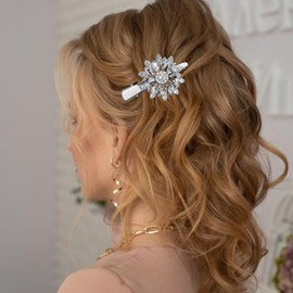 2Pcs Diamante Hair Clips for Women Rhinestone Flower Duckbill Hair Clips Crystal Hair Pins Silver Fancy Hair Barrettes French Hairpins Sparkly Hair Accessories for Girls Women Wedding Birthday