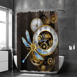 Kuizee - Cortina de ducha de baño de 72 x 72 pulgadas con 12 ganchos, esferas antiguas, bañeras mecánicas de libélula steampunk, de poliéster, impermeable, juego de cortinas de ducha, decoración de tela, fácil de instalar