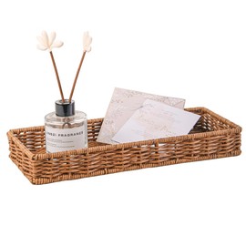 Rattan Bathroom Tray Toilet Tank Basket, Bathroom Sink Vanity Tray Long Narrow, Guest Towel Napkin Holder, Storage Basket Tray for Home Decor, 13.7'' x 5.3" x 1.8''