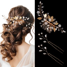 WJIAAA 3 Pcs Gold Crystal Wedding Hair Comb, Rhinestone Bridal Pins Comb Crystal Vintage Hair Accessories for Brides Bridesmaids Women Girls