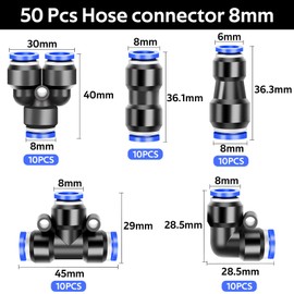 Nadisean Pack of 50 Pneumatic Connectors with Box, 8 mm Push in Quick Coupling for Air Hoses, 5 Sizes Pneumatic Hose Kit, 8 mm Straight/Angle/T/Splitter Connection, 6-8 mm Reduction Connection