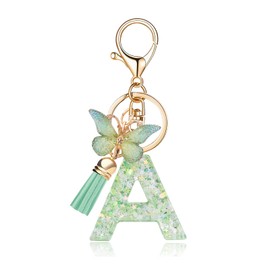 OKAICEN Fashion Alphabet Initial Letter Keychain Green Tassel Butterfly Pendant Key Ring for Purse Handbags Women Girl('A')