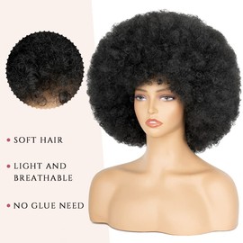 Aminow 70's Afro Wig for Women, Natural Black Short Afro Kinky Curly Wig, Glueless Synthetic Wig with Bangs, Puffy & Fluffy Bouncy Afro Wig for Daily Cosplay Party