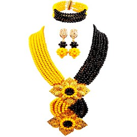 aczuv Fashion African Bead Necklace Nigerian Beads Wedding Jewelry Sets for Women (Opaque Yellow Black)