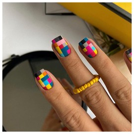 24 Pcs Mosaic Press on Nails Short Square Fake Nails Full Cover Stick on Nails with Colourful Mosaic Design Cute Glossy Artificial Acrylic False Nails for Women and Girls DIY Manicure Decoration