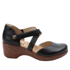 Alegria Women's Savina Coal Slip on Leather Wedge Mary Jane Cross Strap Heel Shoe 9 M US