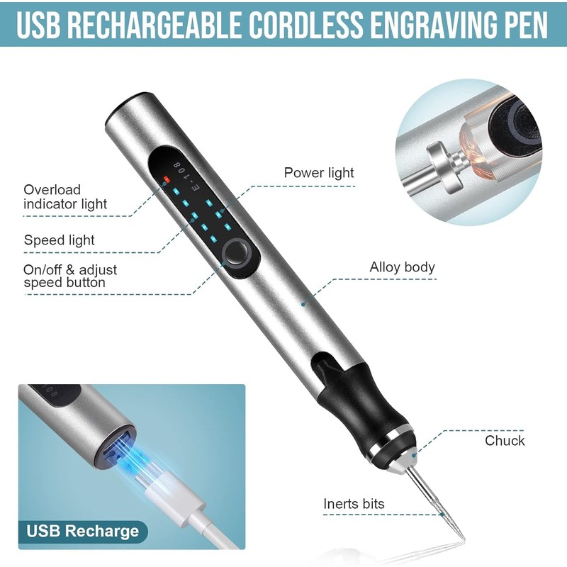 USB Rechargable Cordless Engraving Pen with 37bits,Mini Electric Engraver Pen