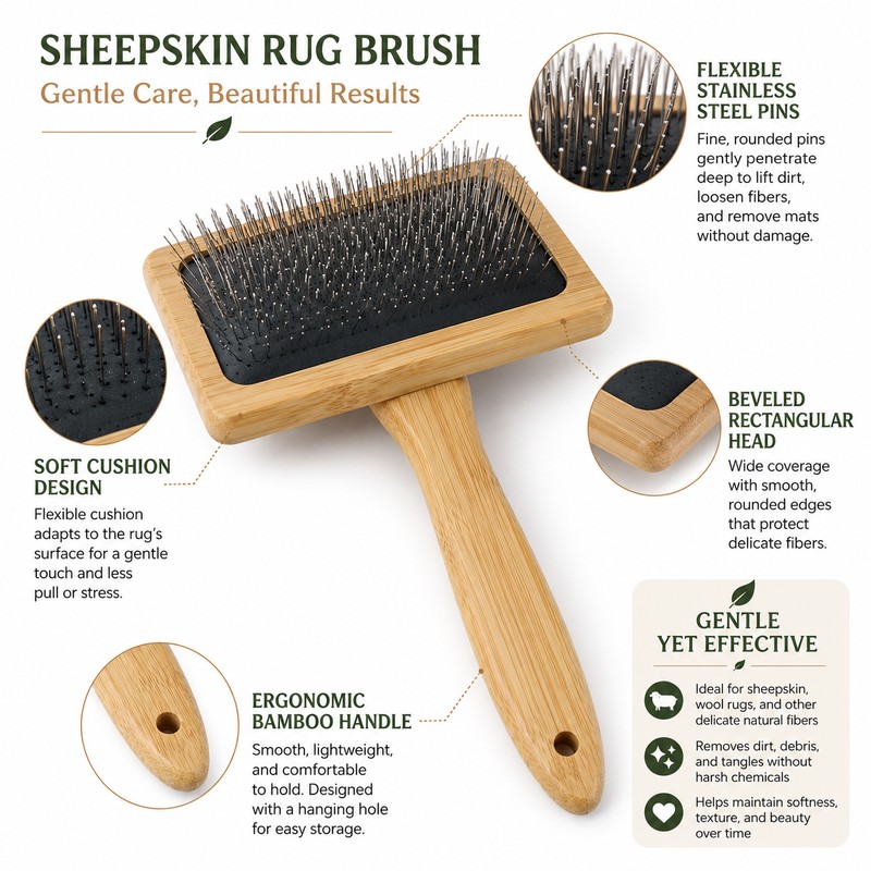 Sheepskin Rug Brush for Wool & Pet Grooming – Bamboo