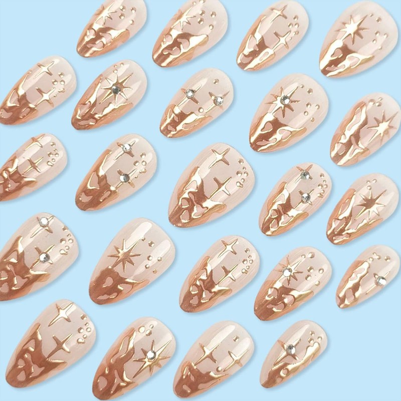 30Pcs Gold French Tip Press on Nails Short Almond Fake