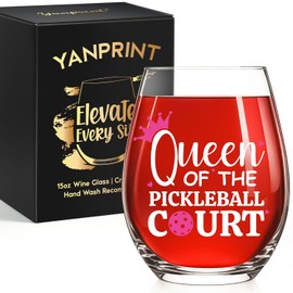 Yanprint Queen of the Pickleball Court Pickleball Gifts for Women Wife Mom Grandma Aunt Girlfriend Bosslady Teamleader Coworker, Stemless Wine Glass 15oz for Birthday Christmas Mother's Day