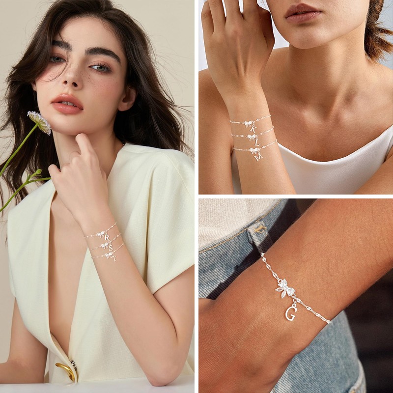 Initial Bracelets for Women Girls Sterling Silver Bufferfly Bracelets