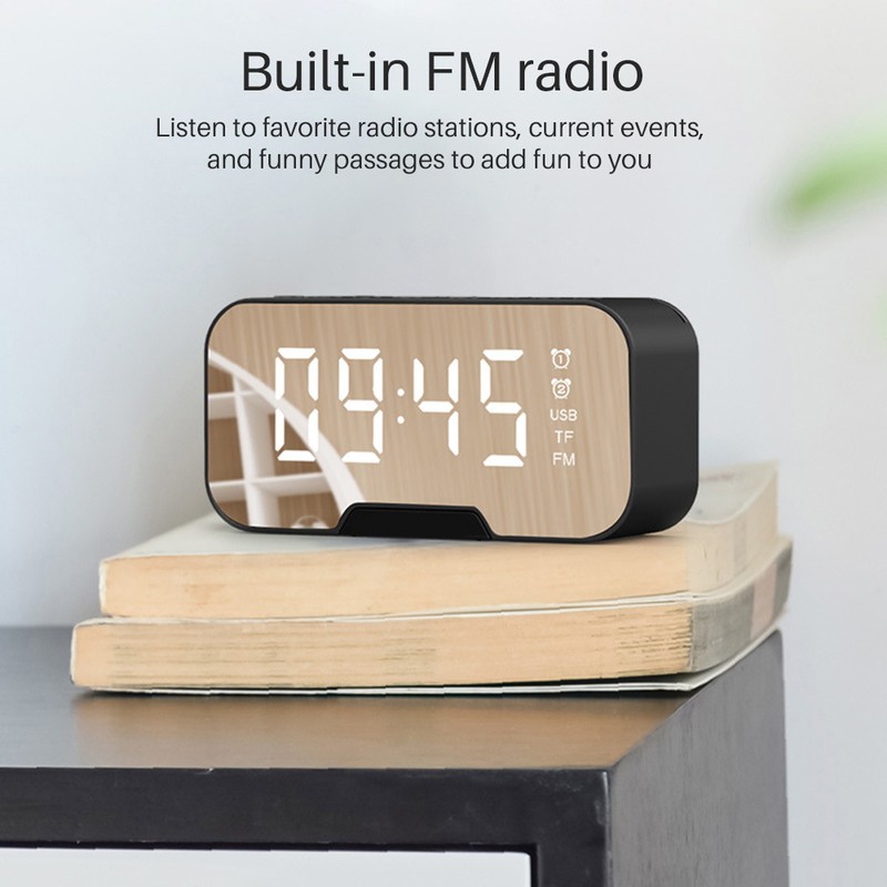 Bedside Desktop Bluetooth Mirror Surface LED Alarm Clock Speaker FM