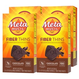 Metamucil, Fiber Thins, Daily Psyllium Husk Fiber Supplement, Supports Digestive Health and Satisfies Hunger, Chocolate Flavor, 48 Total Servings (4 Packs of 12)