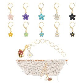 Hobbspring Enamel Crochet Stitch Marker Set Including 20 Stitch Markers in Flower Shape with Golden Clasp and 2 Knitting Row Counter Chains in Flower Bee Shape Made of Alloy for Knitting
