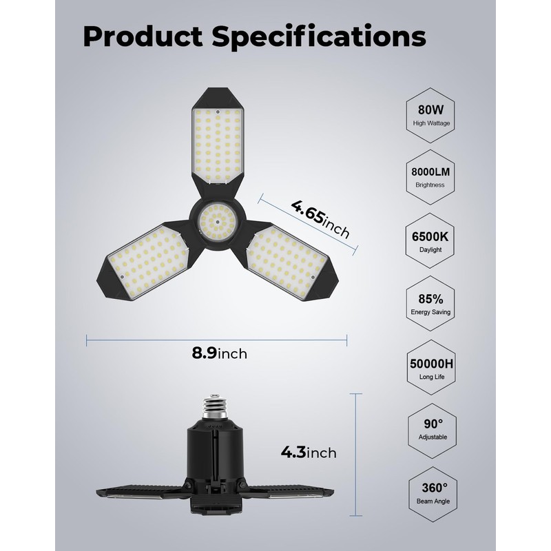 toberich LED Garage Light Bulbs 2 Pack, 8000LM Shop Lights