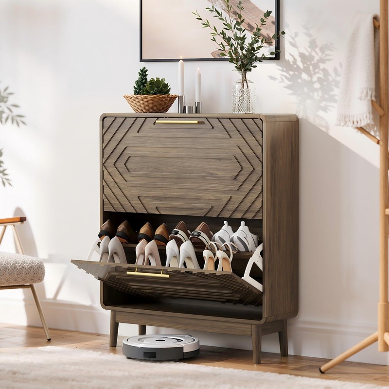 Algherohein Shoe Storage Cabinet with Hand-Carved Raised Embossed 2 Flip
