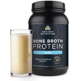 Ancient Nutrition Grass Fed, Cage Free, Bone Broth Protein Powder, 20g Protein, Hydrolyzed Collagen Peptides, Keto & Paleo Friendly, Supports Joint, Gut Health, Vanilla, 40 Servings