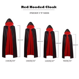 55" Stand Collar Reversible Cloak Masquerade Cape Costume, Black and Red (59"/150cm, Black and Red(with Hood))