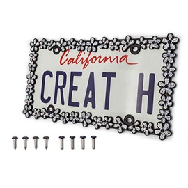 creathome 3D Shining Daisy Wrenth License Plate Frame from Pure Zinc Alloy Metal Perfect Plate Holder,Matt Black with Silver Glitter