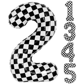 40 Inch Checkered 2 Balloons, Black and White Foil Number 2 Balloons for Race Car 2th Birthday Party Decorations, Boys Girls Racing Car Track Theme Supplies