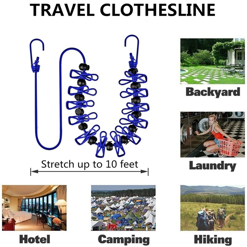 Portable Clothesline with 12 Clothespins, Windproof Travel Clothesline Stretchy Retractable