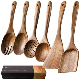 Hefild Wooden Spoons for Cooking, Nonstick Cooking Utensil Set with 6 Piece Acacia Wooden Spatulas and Spoons for Cooking, Terrific for Everyday Kitchen Tasks