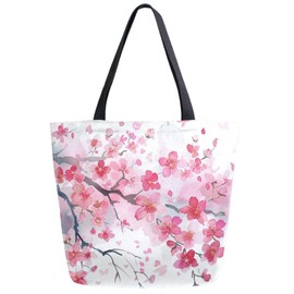 Vivid Pattern Extra Large Shoulder Grocery Tote Bag, Beautiful Spring Pink Cherry Blossom Canvas Daily Handle Bag for Gym Weekender Beach Travel Kitchen Reusable Market Shopping