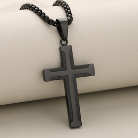 REchoLI Cross Necklace for Man, Stainless Steel Black Cross Pendant, Christian Jewelry Chain