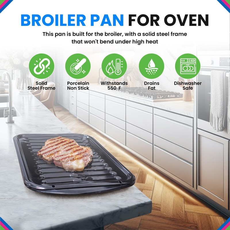 Broiler Pan for Oven Nonstick Porcelain Coated - 16.75” x