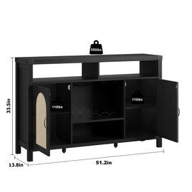IDEALHOUSE Rattan Buffet Cabinet with Storage, Rattan Wine Bar Cabinet, Sideboard with Glass Holder, Adjustable Shelves, Coffee Bar Cabinet for Living Room Dining Room Hallway, Black
