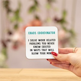 Manta Makes Work office gifts - joke coaster, funny secret santa gifts for women or men, novelty brthday or christmas gift for colleague, small gift (Chaos Co-ordinator)