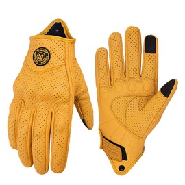 Classic Leather Motorcycle Gloves Perforated Men Yellow Road Road Bike Gloves (Yellow with Hole, XXL)