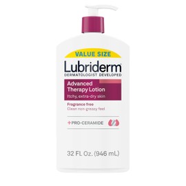 Lubriderm Advanced Therapy Fragrance Free Hand & Body Lotion + Pro-Ceramide, Intense Hydration for Itchy, Extra Dry, & Sensitive Skin, Non-Greasy, Hypoallergenic, Value Size, 32 fl. oz