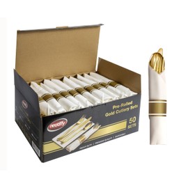 Neatiffy 50 Pack Disposable Gold Plastic Silverware Set, Pre Rolled Napkin and Cutlery Set with 50 Forks, 50 Knives, 50 Spoons, 50 Napkins, Utensils, Silverware for Parties, Weddings and Birthdays