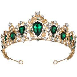 Minkissy Vintage Baroque Crown Queen Crown Bridal Wedding Rose Gold Rhinestone Tiaras Costume Party Hair Accessories for Brithday Green Golden