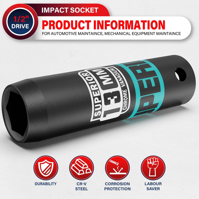 Aiourx 1/2" Drive Impact Socket, 13 mm Deep Socket, Metric,
