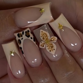 Jremg French Tip Press on Nails Medium Square Fake Nails with Gold Star Rhinestones Designs Leopard Print False Nails 3D Texture Flower Handmade Glue on Nails Reusable Acrylic Nails for Women 24Pcs
