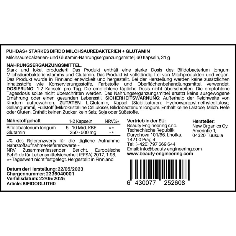 puhdas+ Strong Bifido Lactic Acid Bacteria + Glutamine [60 Vegan