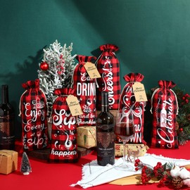 Shappy Wine Bags, 10 Pieces Linen Wine Bag Set for Wine Bottles, with Drawstring, Gift Tags and Rope, Ideal for Christmas, Valentine, Wedding, Birthday Parties (Black, Red)